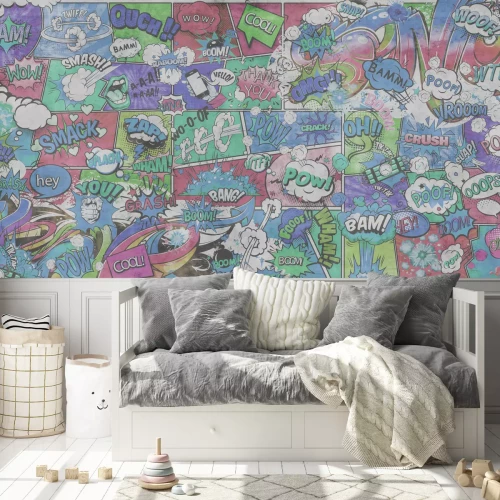 Fotobehang Achtergrondpatroon van een stripboek met tekstballonnen en opschriften in een jeugdige stijl