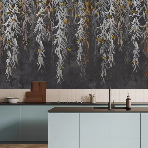 Fotobehang Hangende wijnranken op een donkere betonnen achtergrond