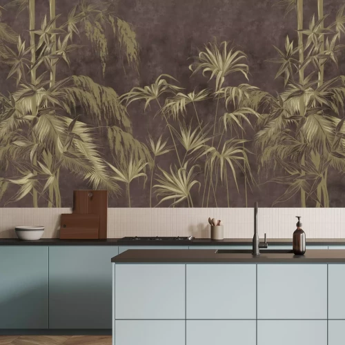 Fotobehang Groene bamboebladeren en takken op een gestructureerde achtergrond