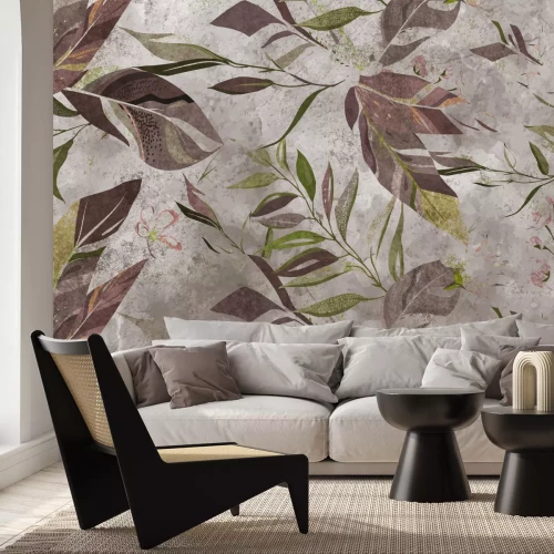 Fotobehang Bruine en groene bladeren op een betonnen achtergrond