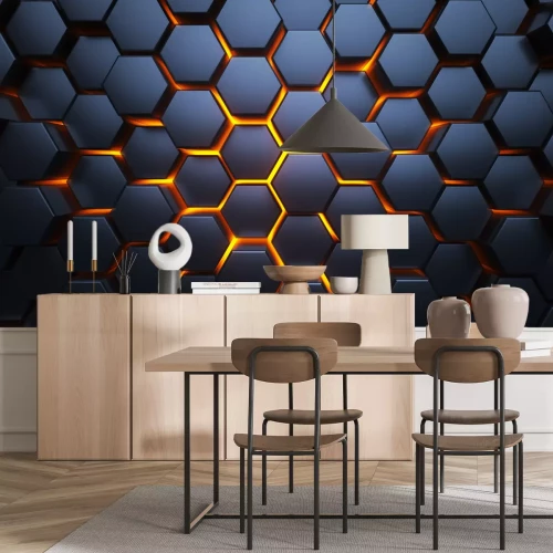 Fotobehang Zwarte 3D-zeshoeken op een oranje achtergrond