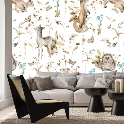 Fotobehang Aquarel bosdieren en planten op een witte achtergrond