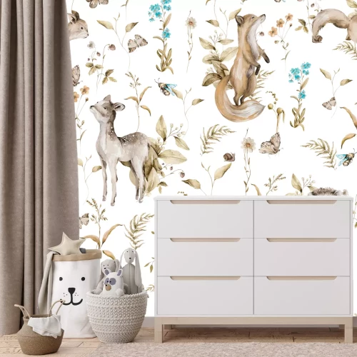 Fotobehang Aquarel bosdieren en planten op een witte achtergrond