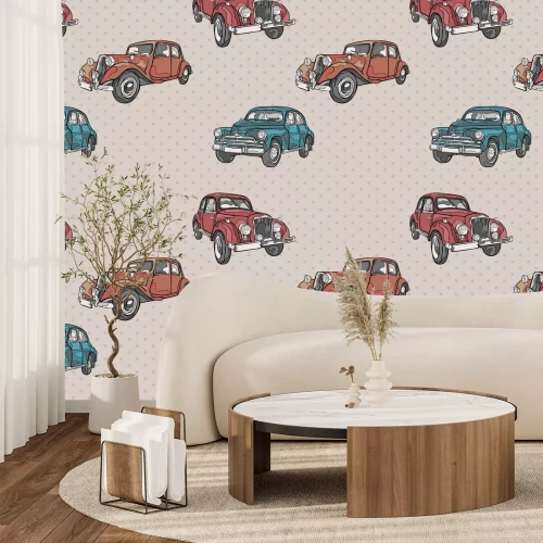 Fotobehang Retro auto&#39;s op een stippenachtergrond