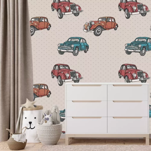 Fotobehang Retro auto's op een stippenachtergrond