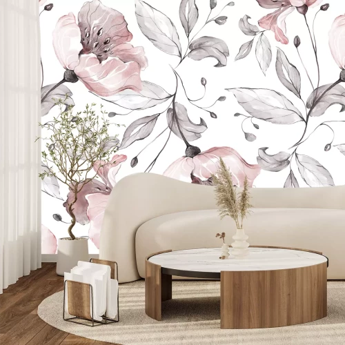 Fotobehang Roze bloemen en grijze bladeren in aquarelstijl