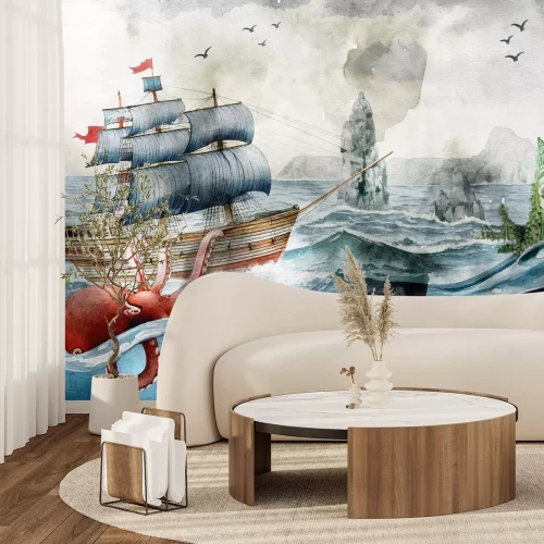 Fotobehang Octopus en schip op zee patroon voor kinderen