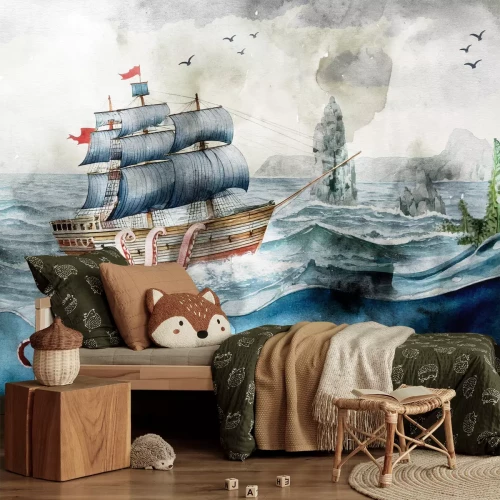 Fotobehang Octopus en schip op zee patroon voor kinderen