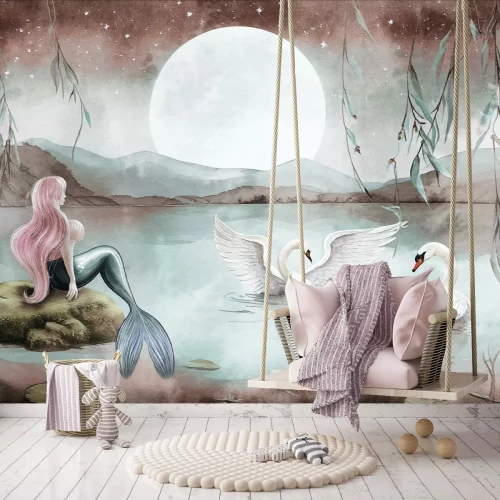 Fotobehang Zeemeermin en zwanen onder de volle maan