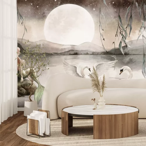 Fotobehang Kinderpatroon Zeemeermin en zwanen bij volle maan