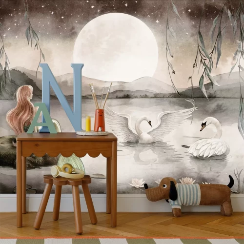 Fotobehang Kinderpatroon Zeemeermin en zwanen bij volle maan