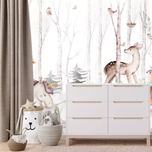 Fotobehang Eenhoorn en dieren tussen de bomen in een aquarelbos