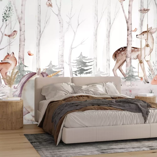 Fotobehang Eenhoorn en dieren tussen de bomen in een aquarelbos