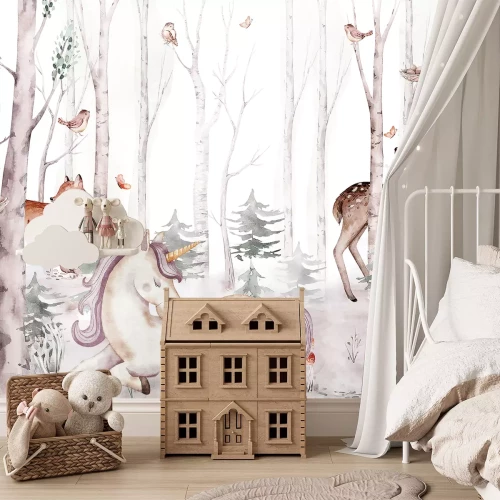 Fotobehang Eenhoorn en dieren tussen de bomen in een aquarelbos