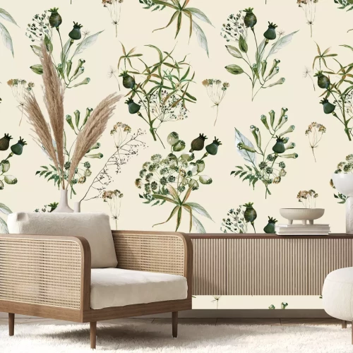 Fotobehang Groene takken van wilde bloemen en planten