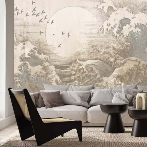 Fotobehang Een grote golf met de maan op de achtergrond