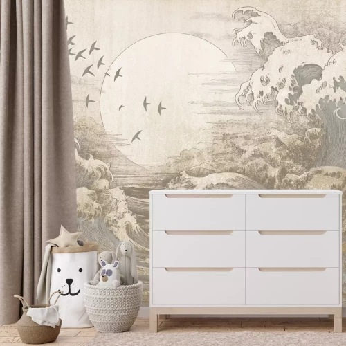 Fotobehang Een grote golf met de maan op de achtergrond