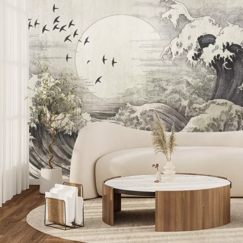 Fotobehang Landschap met een grote golf en een volle maan