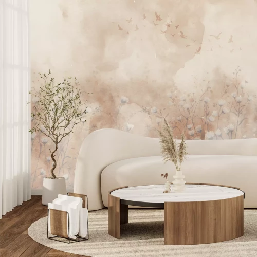 Fotobehang Aquarellandschap met wilde bloemen en vogels