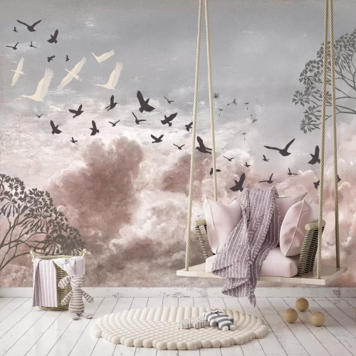 Fotobehang Vogels en paardenbloemzaden tegen een bewolkte lucht