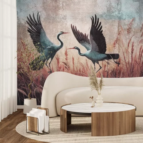 Fotobehang Reigers en planten op een gestructureerde achtergrond