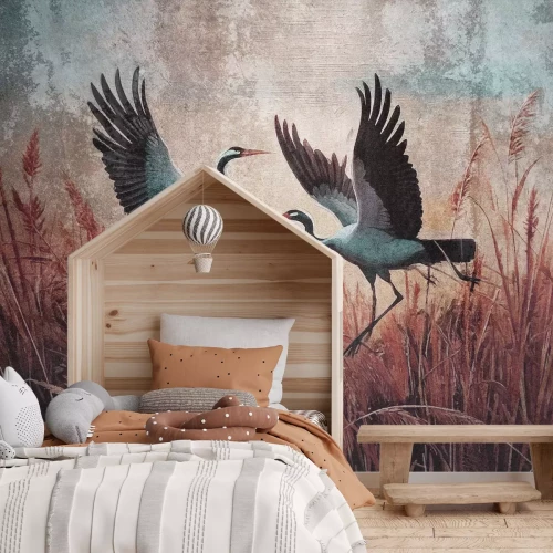 Fotobehang Reigers en planten op een gestructureerde achtergrond