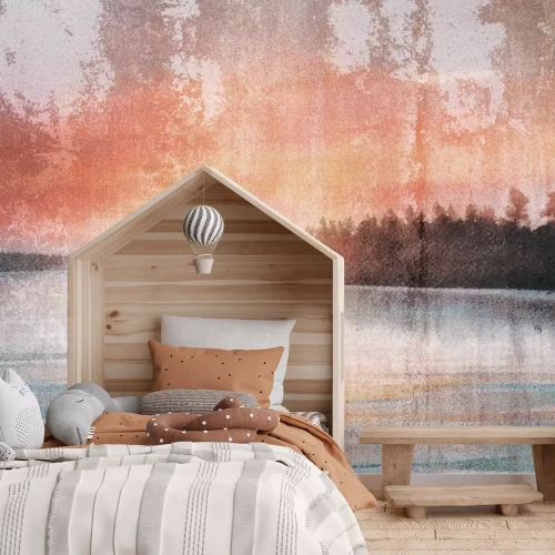 Fotobehang Landschap van een boot op een meer met een betontextuureffect