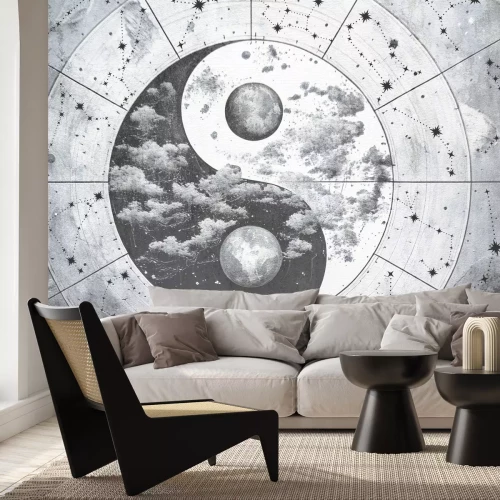 Fotobehang Zwart-wit Yin Yang-symbool op een sterrenachtergrond