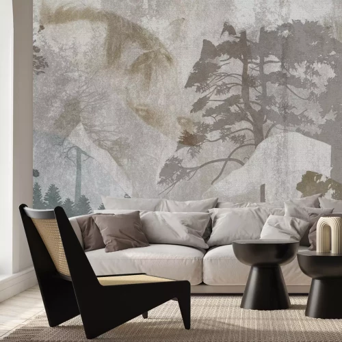 Fotobehang Abstract portret van een paard tegen een boslandschap