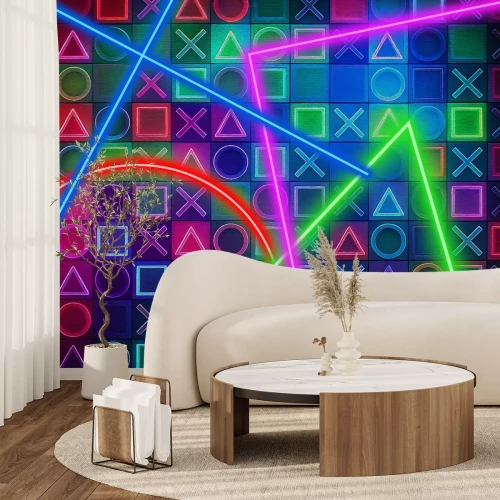 Fotobehang 3D-spelsymbolen in neonkleuren