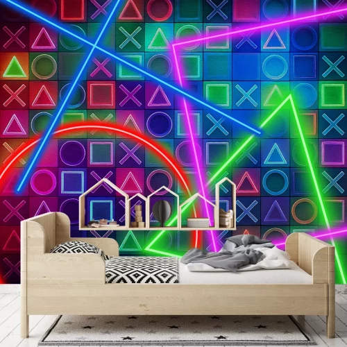 Fotobehang 3D-spelsymbolen in neonkleuren