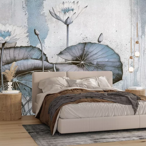 Fotobehang Waterlelies en bladeren op een betonnen achtergrond