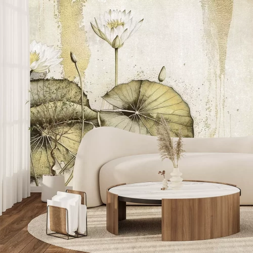 Fotobehang Witte waterlelies en bladeren op een betonnen achtergrond