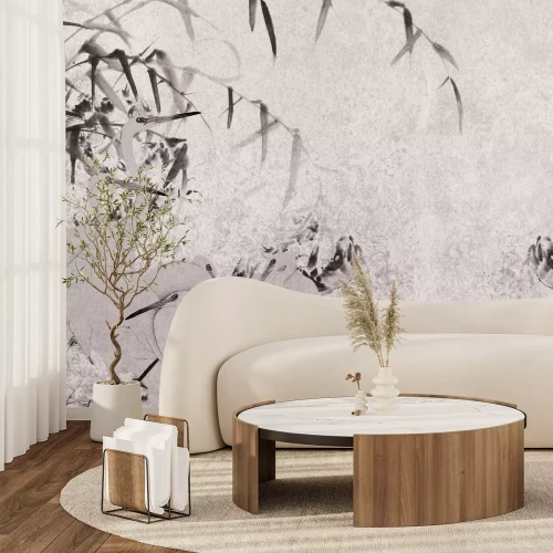 Fotobehang Reigers en bamboetakken op een gestructureerde achtergrond