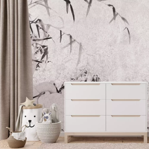 Fotobehang Reigers en bamboetakken op een gestructureerde achtergrond