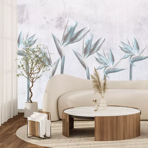 Fotobehang Paradijsvogelstrelitzia-bloemen op een betonnen achtergrond