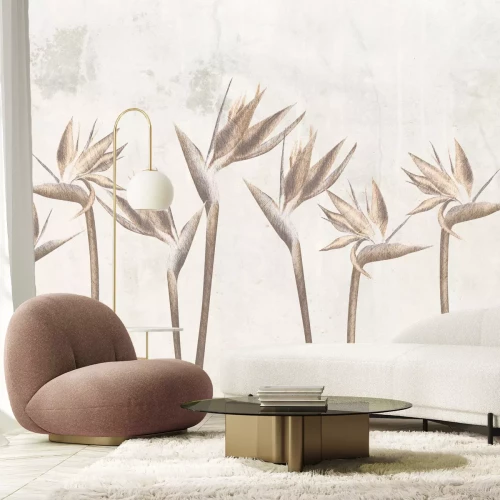 Fotobehang Paradijsvogelstrelitzia-bloemen op een gestructureerde achtergrond