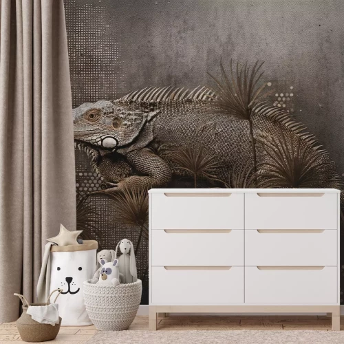 Fotobehang Een kameleon tussen tropische bladeren in loftstijl