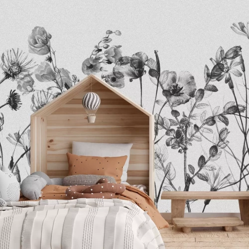 Fotobehang Zwart-wit botanisch patroon met wilde bloemen