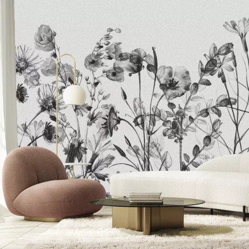 Fotobehang Zwart-wit botanisch patroon met wilde bloemen