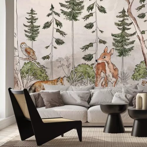 Fotobehang Wilde dieren in een aquarelbos
