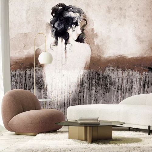 Fotobehang Een vrouwelijk silhouet op een getextureerde aquarelachtergrond