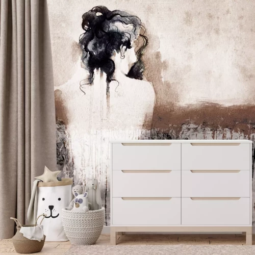 Fotobehang Een vrouwelijk silhouet op een getextureerde aquarelachtergrond