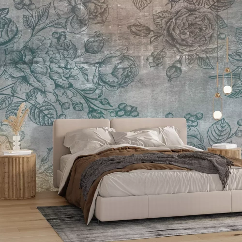 Fotobehang Bloemenrozen op takken in vintage stijl