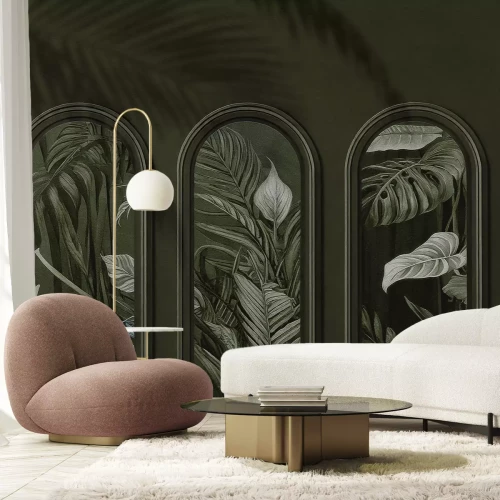 Fotobehang Tropische groene bladeren in 3D-bogen