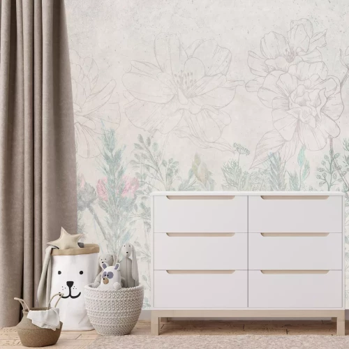 Fotobehang Bloemen en wilde bloemen op een grijze achtergrond met textuur