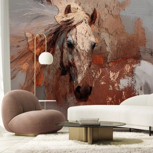 Fotobehang 3D-paardenportret met gouden versieringen