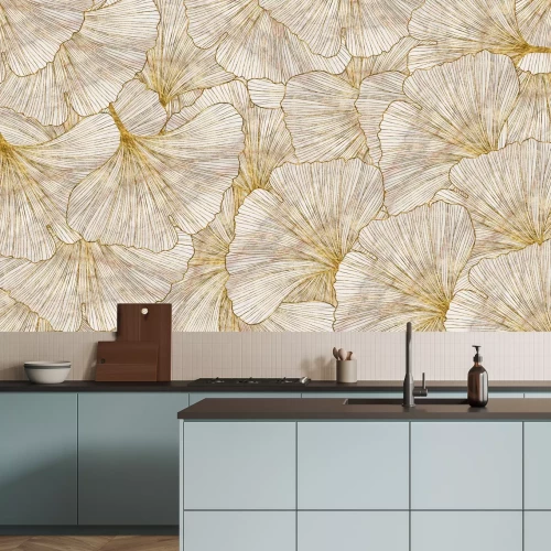 Fotobehang Ginkgobladeren met gouden elementen