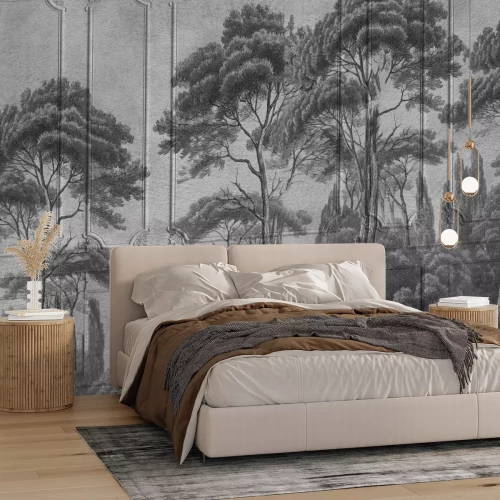 Fotobehang Zwart-wit landschap van een bos tegen een achtergrond van stucwerk