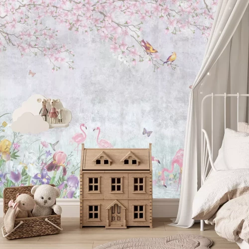 Fotobehang Flamingo's en bosdieren tussen kleurrijke bloemen